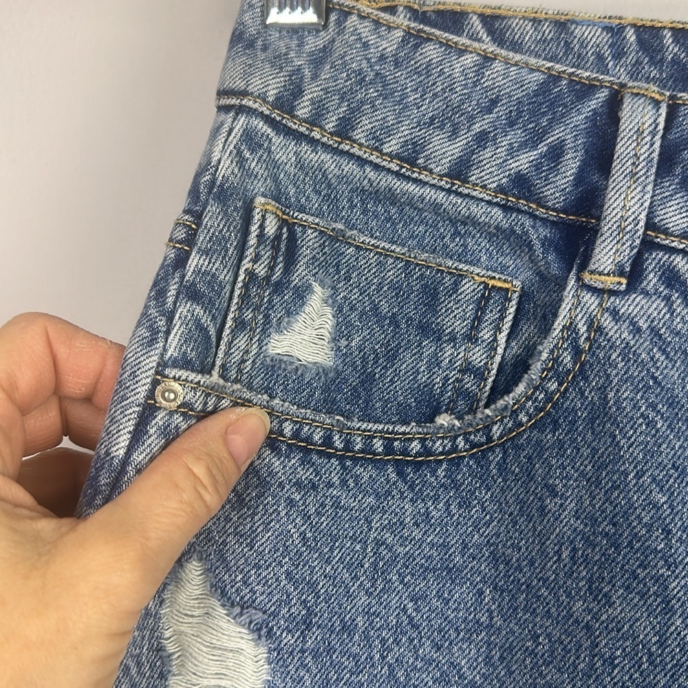 Zara Midi High Waisted Denim Skirt Blue Cotton Size M Distressed Split Front Hem - Picture 7 of 16